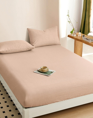 Простыня на резинке, с высотой борта 25 см "boiled cotton" - Вареный (стираный) хлопок» пудра